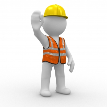 white cartoon safety guy with hand up 
